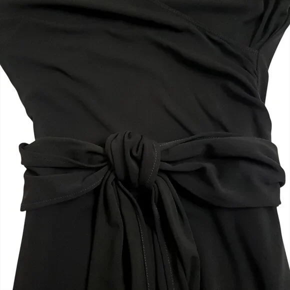BCBGMaxAzria Black Faux Wrap Midi Dress M 3/4 Sleeve Tie Ruched Minimalist - Picture 9 of 12